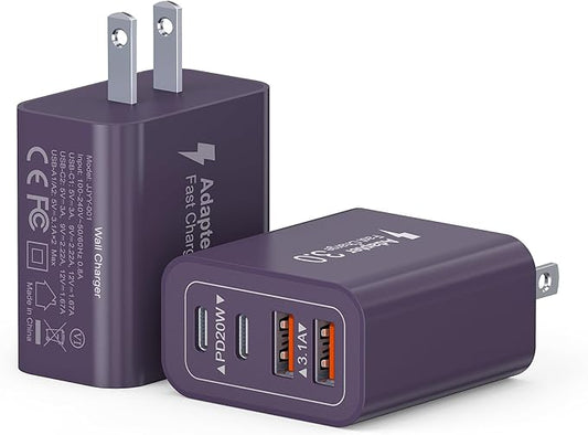 40W USB C Charger Block, 2-Pack 4-Port Type C Fast Charging Brick Dual PD&QC Wall Plug Adapter Power Brick for iPhone 16/15/14/13/12 Pro Max Plus/iPad/Airpods/iwatch/Samsung Galaxy (Purple)