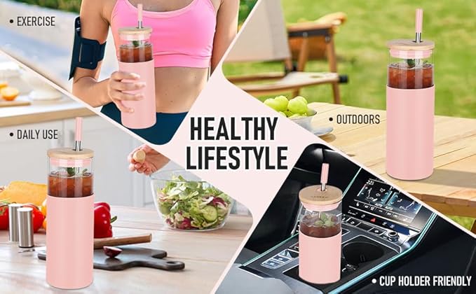 2Pack Glass Tumbler w/Lid &Straw - 24oz Reusable Glass Mug/Bamboo Lid & Stainless Steel Straw -BPA Free, Leak-Proof, Dishwasher Safe for Coffee, Smoothies, Hot Beverage, Travel, Office, Home Use