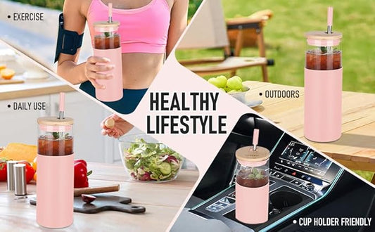 2Pack Glass Tumbler w/Lid &Straw - 24oz Reusable Glass Mug/Bamboo Lid & Stainless Steel Straw -BPA Free, Leak-Proof, Dishwasher Safe for Coffee, Smoothies, Hot Beverage, Travel, Office, Home Use