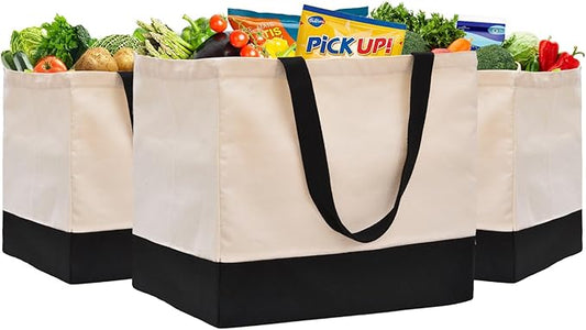 3 Pack Canvas Reusable Grocery Bags Heavy Duty, 8.3 gal Foldable Large Canvas Tote Bag with Handles, Holds 60 lbs Canvas Shopping Bags & Washable Eco-friendly Bags with 5 Pockets, Off white Black