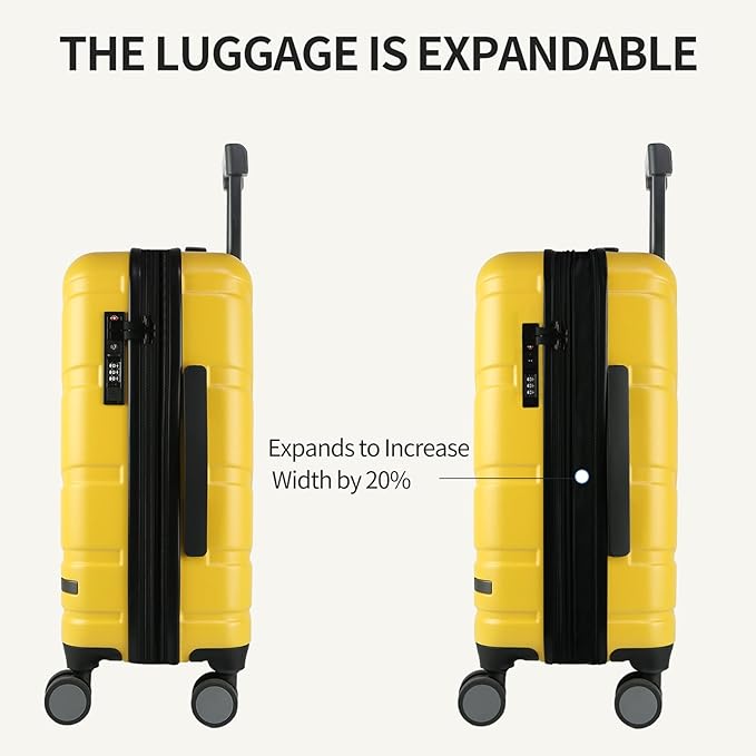 VANKEAN Carry On Luggage with Spinner Wheels & TSA Lock, Expandable Fashionable Hard Shell Suitcase airline approved，20 Inch Carry-On，Yellow
