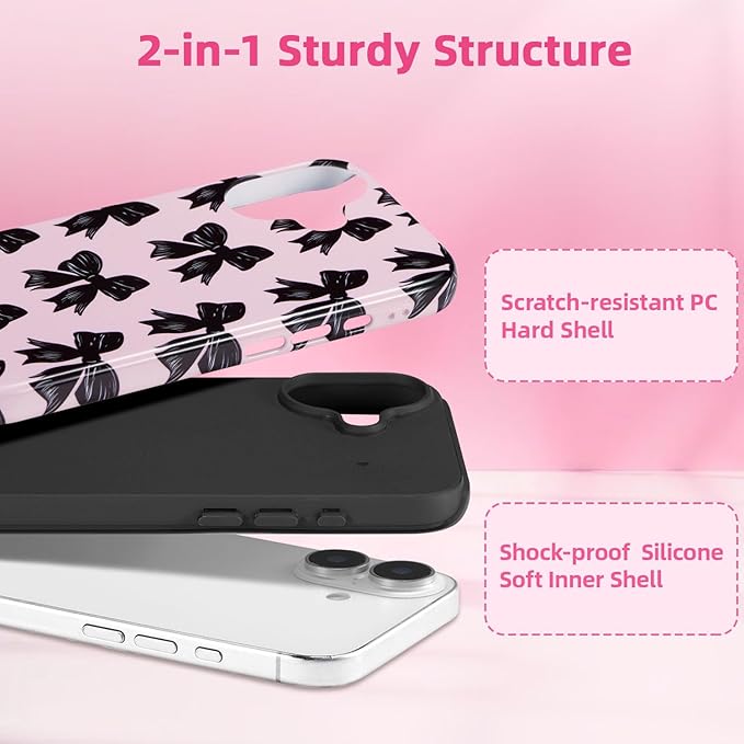 QLTYPRI Case for iPhone 16, Aesthetic Black Ribbon Bow Phone Case for Girls Women, Protective Hybrid 2-Layer Hard Shell Silicone Cover Durable Shockproof Phone Cover - Pink