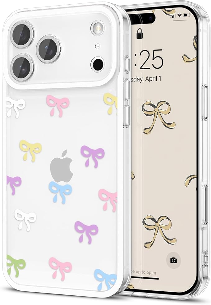 EYZUTAK Case for iPhone 17 Pro Max, Clear Cute Ribbon Bowknot Pattern Aesthetic Transparent Phone Case Raised Camera Protection Stylish Slim Soft Durable TPU Protective Cover for Women Girls -Colorful