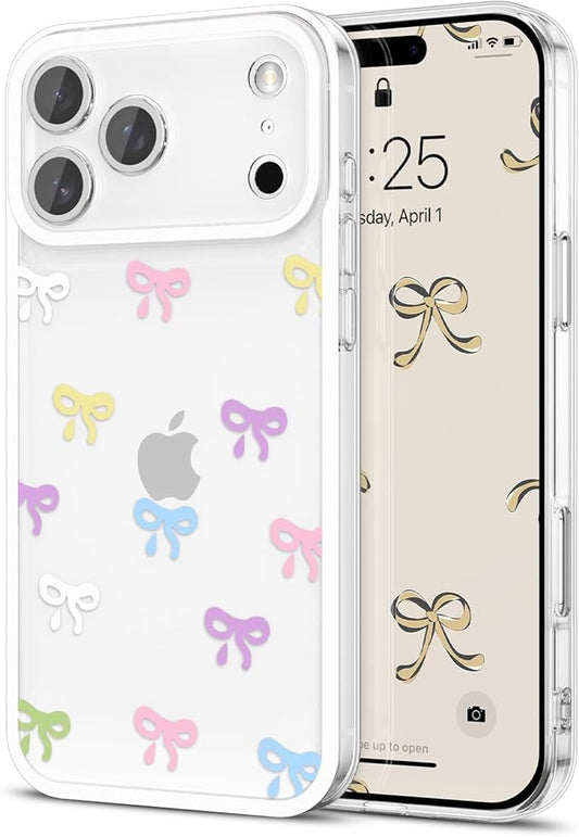EYZUTAK Case for iPhone 17 Pro Max, Clear Cute Ribbon Bowknot Pattern Aesthetic Transparent Phone Case Raised Camera Protection Stylish Slim Soft Durable TPU Protective Cover for Women Girls -Colorful