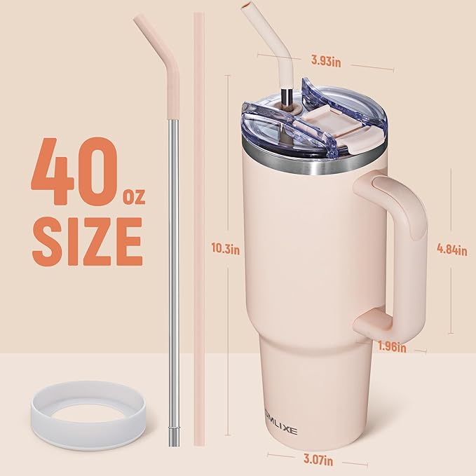 40 oz Tumbler with Handle and Straw Lid,Insulated Reusable Stainless Steel Water Bottle Travel Mug，Cupholder Friendly Double Wall Vacuum Sealed Cup (Rose Quartz)