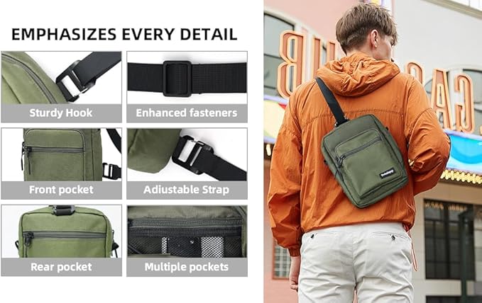 Waterproof Sling Bag For Men, Small Nylon Crossbody Sling Backpack With Multi Pockets, Adjustable Chest Bag For Travel, Hiking, Workout - Green
