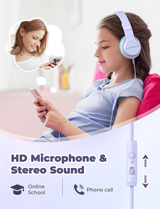 iClever Kids Headphones for School/Travel with Safe Volume 74/85dBA, HS19 Stereo Sound Over-Ear Headphones for Kids with Mic FunShare, Foldable 3.5mm Wired for iPad/Computer, 2 Pack