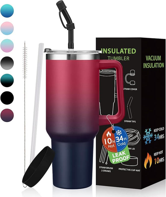Water Bottle, 40 oz Tumbler with Lid and Straw - Leakproof Travel Mug Thermal Cup 40oz, Insulated Tumblers Stainless Steel for Hot and Cold for 34H, Gifts for Women Man Mother Father Birthday