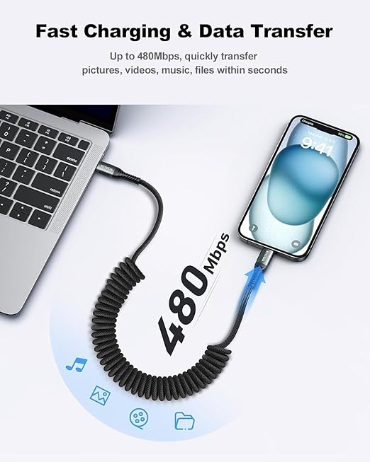 USB C Cable for Car 3FT/6FT, Coiled USB C to USB C Cable Fast Charging 66W, Braided USB Type C Charger Cord Compatible with iPhone 17 16 15 Pro Max, Samsung, Google Phones and More Type C Devices