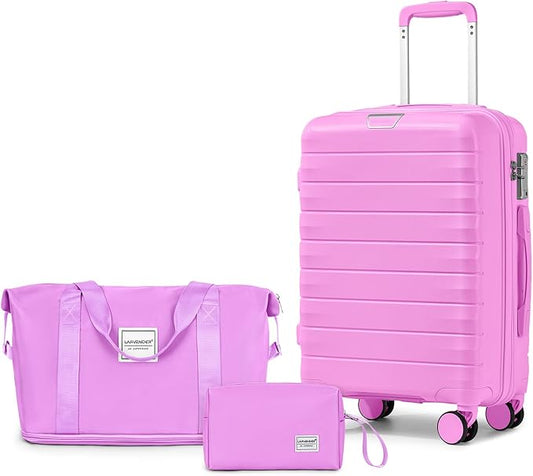 LARVENDER Luggage Sets 3 Piece, Hardside PP Carry On Suitcase with 360° Spinner Wheels TSA Lock Luggage Sets for Women, Neon Pink