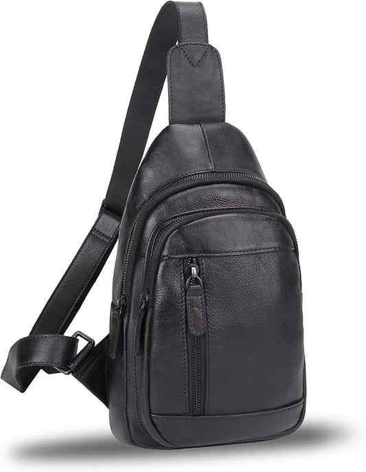 IVTG Genuine Leather Sling Bag Chest Shoulder Pack Crossbody Casual Daypack Vintage Handmade Hiking Backpack Motorcycle Bag (Darkgrey)