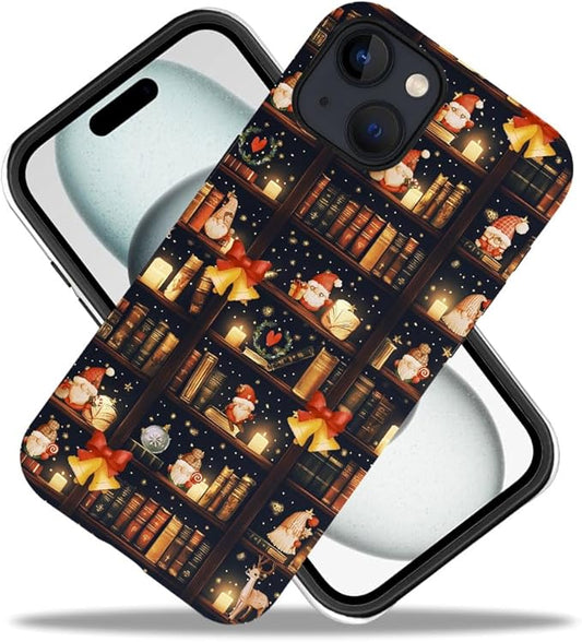DAIZAG Case Compatible with for iPhone 15 Plus,Christmas Santa Claus Bookshelf Bells Phone Case for iPhone 15 Plus for Girl Women Boy Men