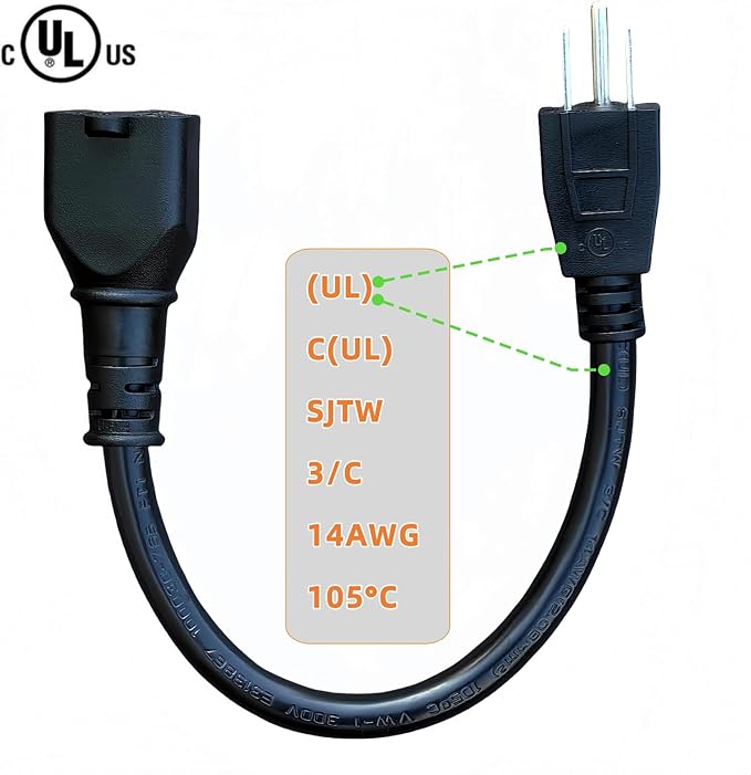 1-Foot 15 Amp Household AC Plug to 20 Amp T Blade Adapter Cable，14AWG 1-Foot 15 Amp to 20 Amp Plug Adapter Cord Nema 5-15P to 5-15R/5-20R 20Amp Comb AC Power Cord, Black