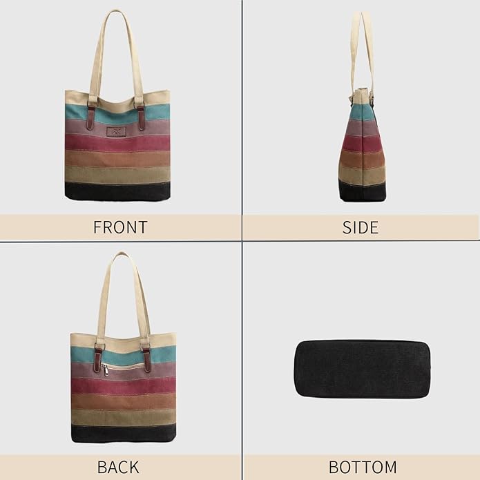 Striped Canvas Tote Bag - Multi-Color Crossbody Shoulder Purse Tote-Handbag for Women