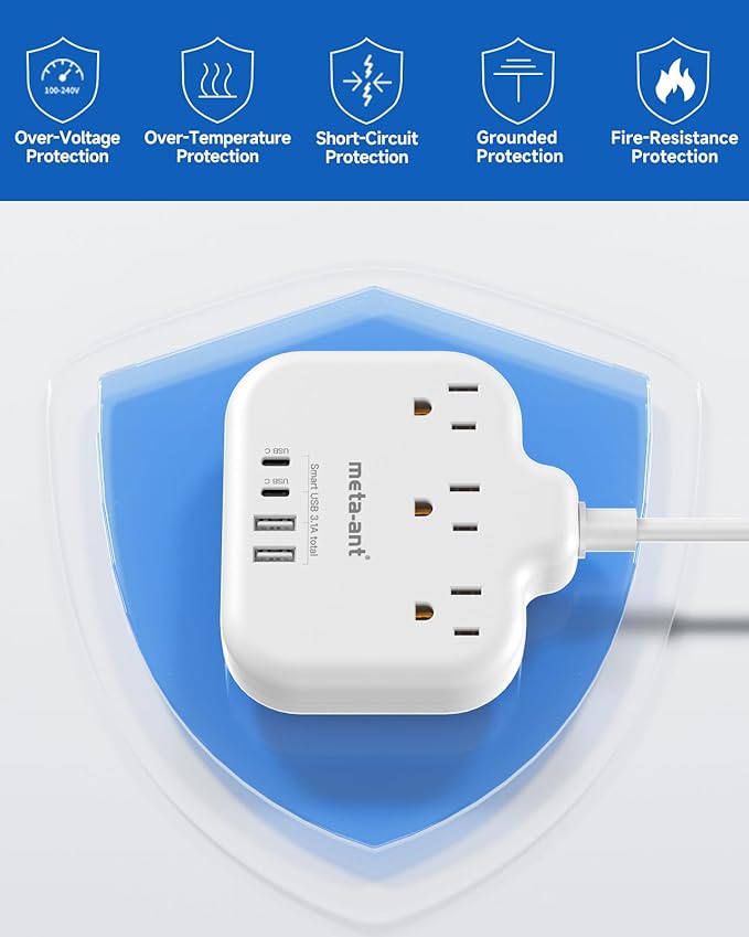 Italy Travel Plug Adapter with 5FT Extension Cord, meta-ant Italy Power Adapter with 3 American Outlets 4 USB Ports(2 USB-C), Type L Adapter for US to Italy Chile Ethiopia Libya Syria Tunisia Uruguay