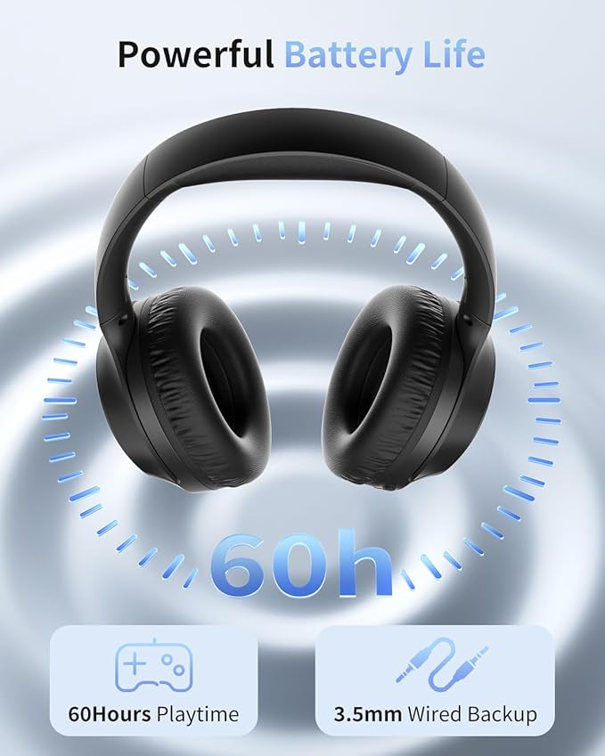 HS7 Bluetooth Headphones Over Ear, 60H Playtime Wireless Headphones with Microphone, ENC Call Noise Cancelling Mic, Foldable Wireless Headset, Deep Bass for Home Office Cellphone PC