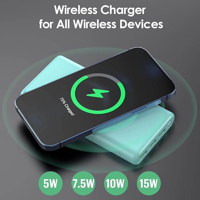 Wireless Portable Charger Power Bank,33800mAh 15W Fast Wireless Charging 25W PD QC 4.0 USB-C Power Bank,5 Output & Dual Input External Battery Pack Compatible with iPhone 16/15/14/13,Android etc-Green