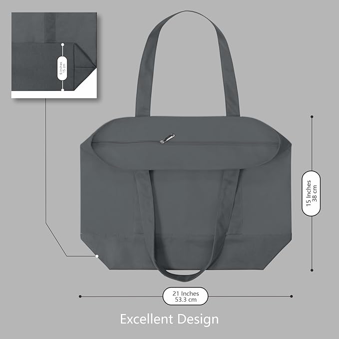 TOPDesign 3-Pack Canvas Tote Bags with an External Pocket, Reusable Grocery Shopping Bags, Top Zipper Closure, Daily Essentials (Grey)