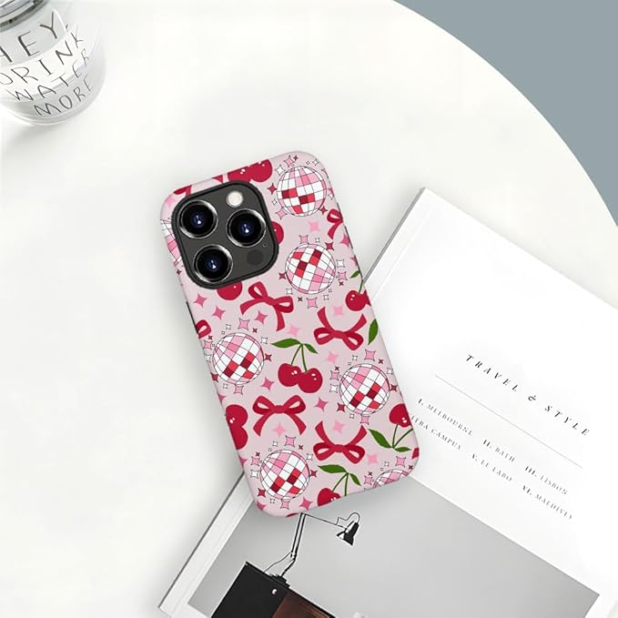 DAIZAG Case Compatible with for iPhone 16 Pro Max,Cute Pink Cherry Disco Ribbon Star Phone Case for iPhone 16 Pro Max for Girl Women Boy Men