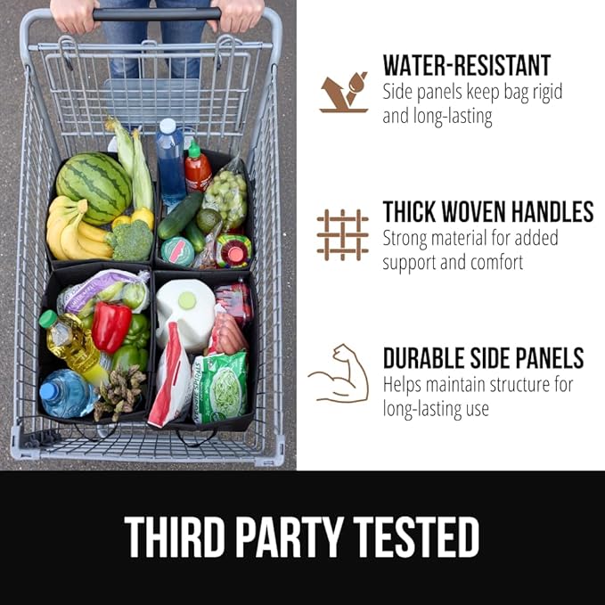 GORILLA GRIP Heavy Duty Foldable Reusable Grocery Bags, Tear Resistant Box Shape Shopping Tote with Reinforced Handles, Grip Feet, Easily Carry and Transport Groceries, 13x10x11, 1 Pack, Black