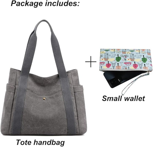 Women's Canvas Tote Handbags Multi-pocket Retro Casual Shoulder Bag Top Handle Satchel Tote Purse