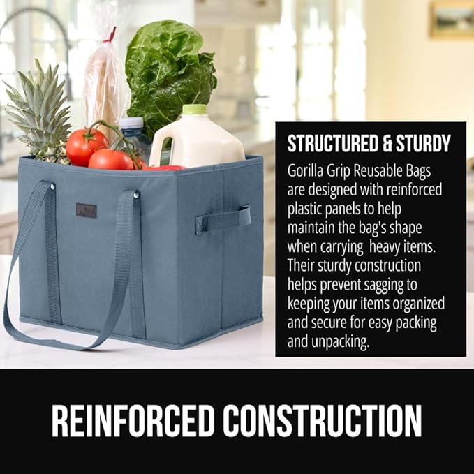 GORILLA GRIP Heavy Duty Foldable Reusable Grocery Bags, 3 Pack, Tear Resistant Box Shape Shopping Tote with Reinforced Handles, Grip Feet, Easily Carry and Transport Groceries, 13x10x11, Dusty Blue