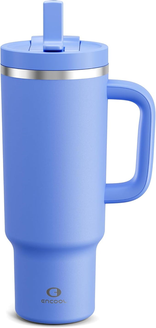 40 oz Tumbler with Handle and Straw: Stainless Steel Insulated Tumbler Keeps Cold for 24 Hours, Leakproof Travel Cup Fits in Cup Holder and BPA-Free, Cornflower Blue