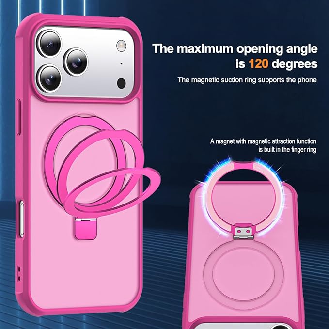 Compatible with iPhone 17 Pro Max Case with Invisible Magnetic O-Ring Stand Military-Grade Translucent Case for iPhone 17 ProMax 6.9" [Compatible with Mag-Safe][Great Grip Feeling], Rose