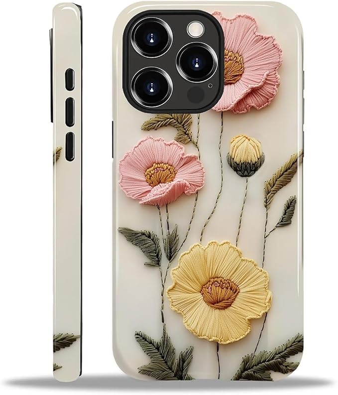 Case for iPhone 15 Pro Max Case,Faux Embroidery Boho Floral Design - Hybrid Dual Protection Silicone + Hard PC Shockproof Full Body Cover Slim Anti-Scratch Protective Case for Men Women