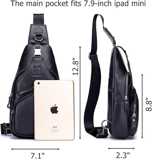 BULLCAPTAIN Men Sling Chest Bag Genuine Leather Casual Multipurpose Crossbody Shoulder Backpack Travel Hiking Daypack (Black)