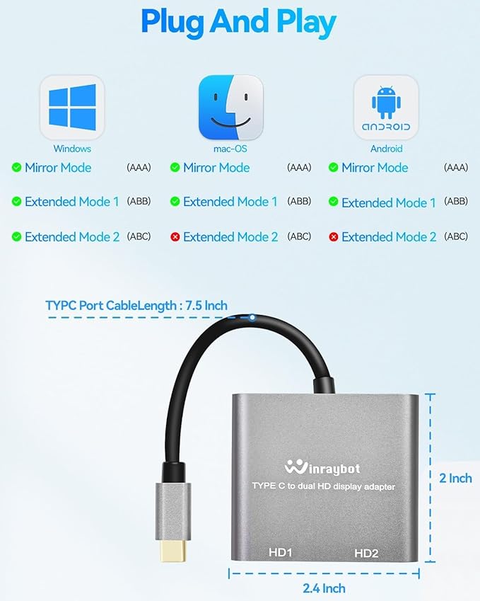 USB C to Dual HDMI Adapter 4k60Hz,USBC to HDMI for Dual Monitor Adapter, hdmi Splitter Extended Display,USB c hub 2hdmi Ports (USB C to Dual Display)