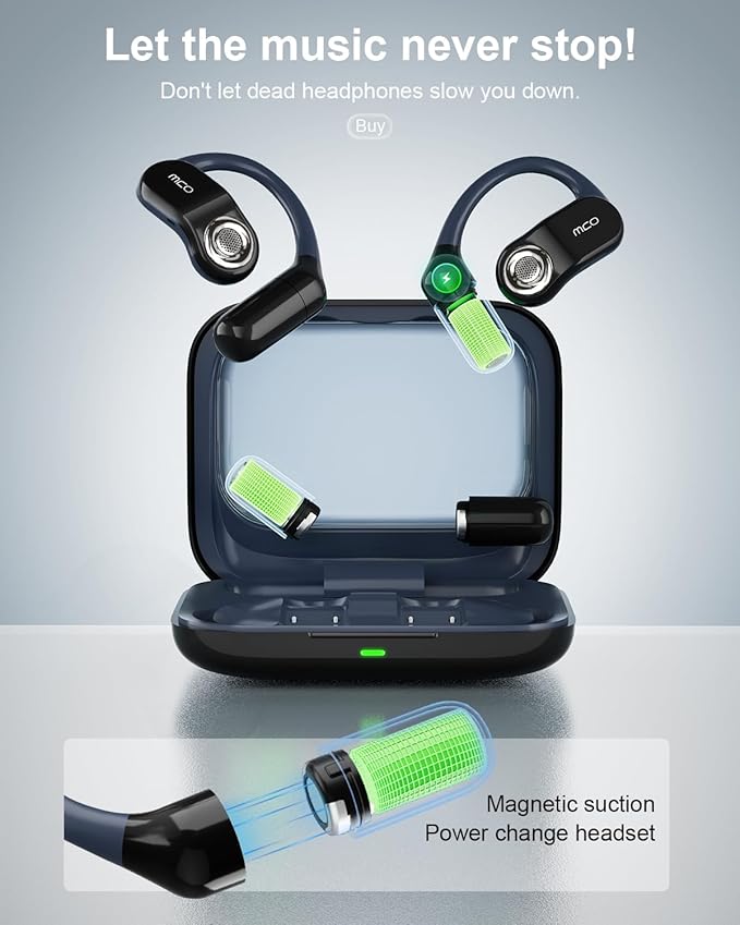 OJW Open Ear Headphones, Unlimited Power Earphones with Case & Replaceable Battery, OWS Bluetooth 5.4 Wireless Headphone with Mic, IPX7 Waterproof Headset for Sports, Compatible with iPhone & Android