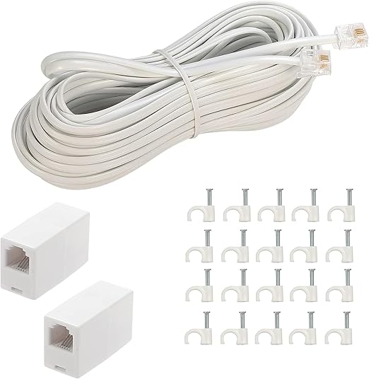 LanSenSu Phone Extension Cord 50 Ft, Phone Cord Telephone Cable with Standard RJ11Plug and 2 in-Line Couplers and 20Cable Clip Holders, White (White, 50 Feet)