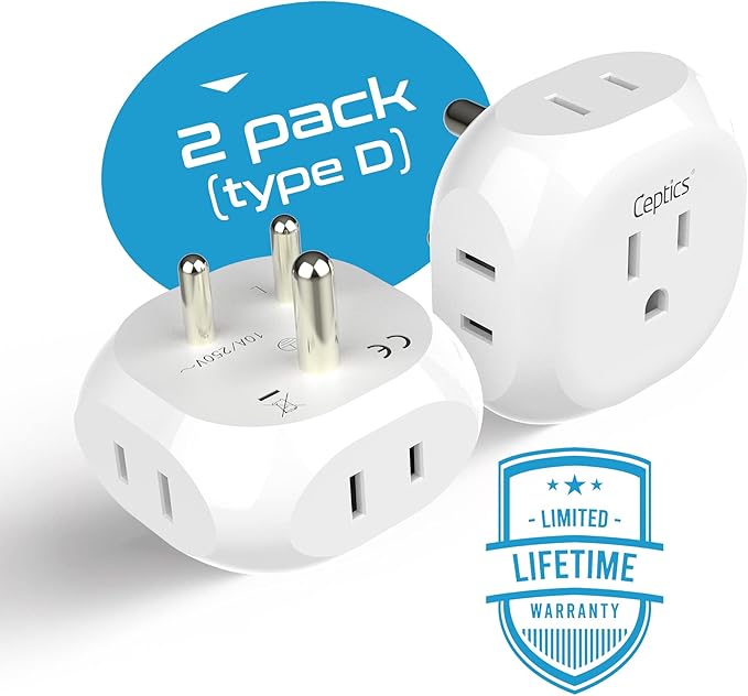 Ceptics India, Pakistan Travel Adapter - 4 Input - Ultra Compact - Light Weight - USA to Any Type D Countries Such as Bangladesh, Maldives and More - 2 Pack (PT-10)