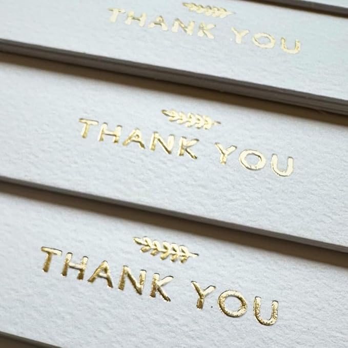 RUN2PRINT (36 Pack) Thank You Cards With Envelopes & Gift of 36 Foiled Stickers - Elegant Embossed Gold Foil Pressed Blank Notes Wedding All Occasion Cards (White)