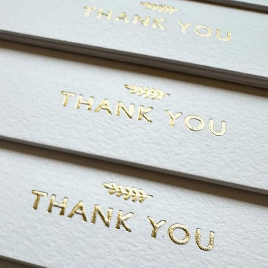 RUN2PRINT (36 Pack) Thank You Cards With Envelopes & Gift of 36 Foiled Stickers - Elegant Embossed Gold Foil Pressed Blank Notes Wedding All Occasion Cards (White)