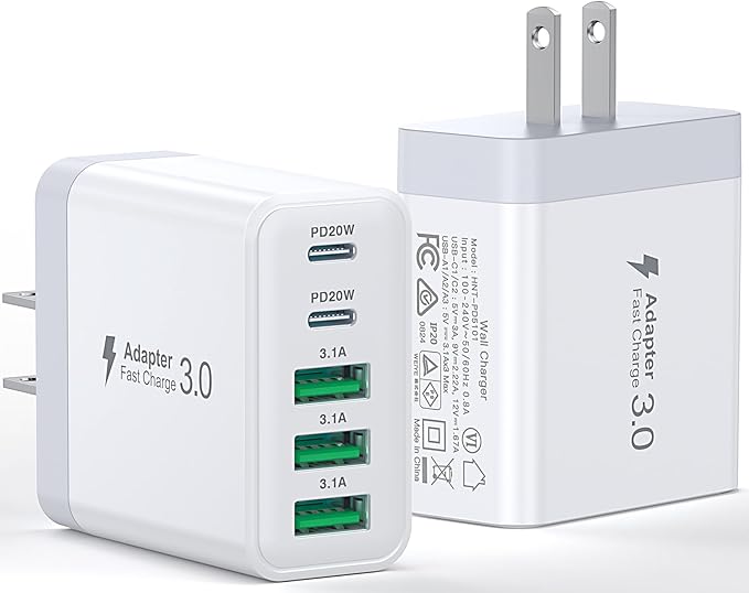 [2-Pack] USB C Wall Charger, 50W Fast USB C Charger Block, 5-Port PD Power Adapter + QC Wall Plug Multiport Type C Charging Block Cube Compatible with iPhone 16 15 14 13 12 11 Pro Max XR XS, Tablets