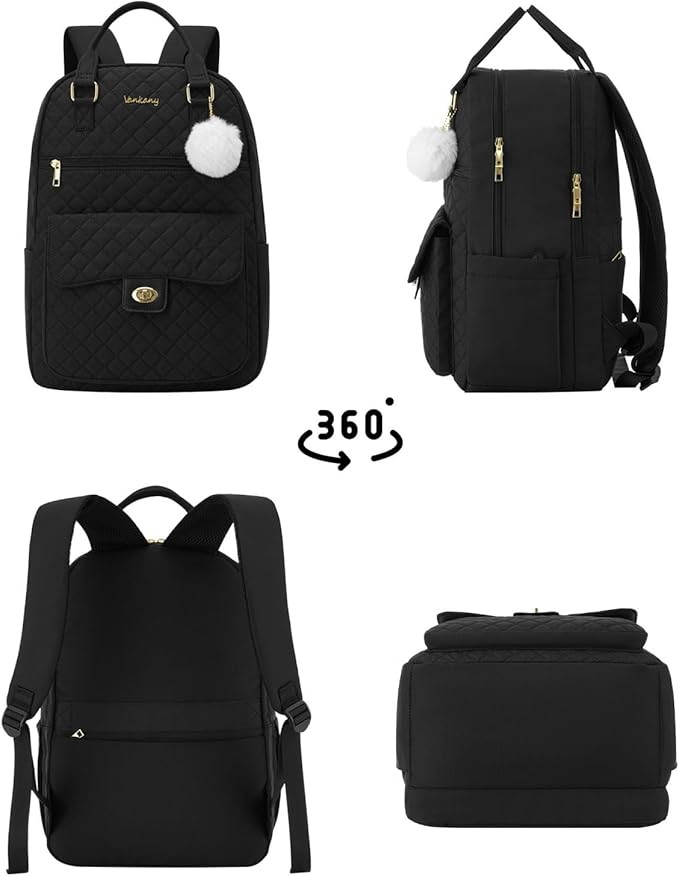 Girls Backpack for School, 17.3in Laptop Backpack Purse with Charging Hole for Travel Work, Cute Book Bag Computer Daypack for Women, Black