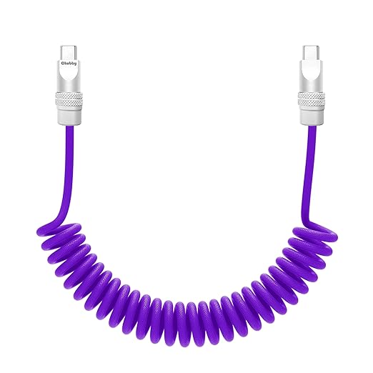 chubbycable Curly Chubby Retractable Fast Charging Cable 240W Coiled Charger Cord for Car Durable USB C Cable Compatible with iPhone 16/15 Series, Purple, Type-C to Type-C, 1.3FT-2.3FT