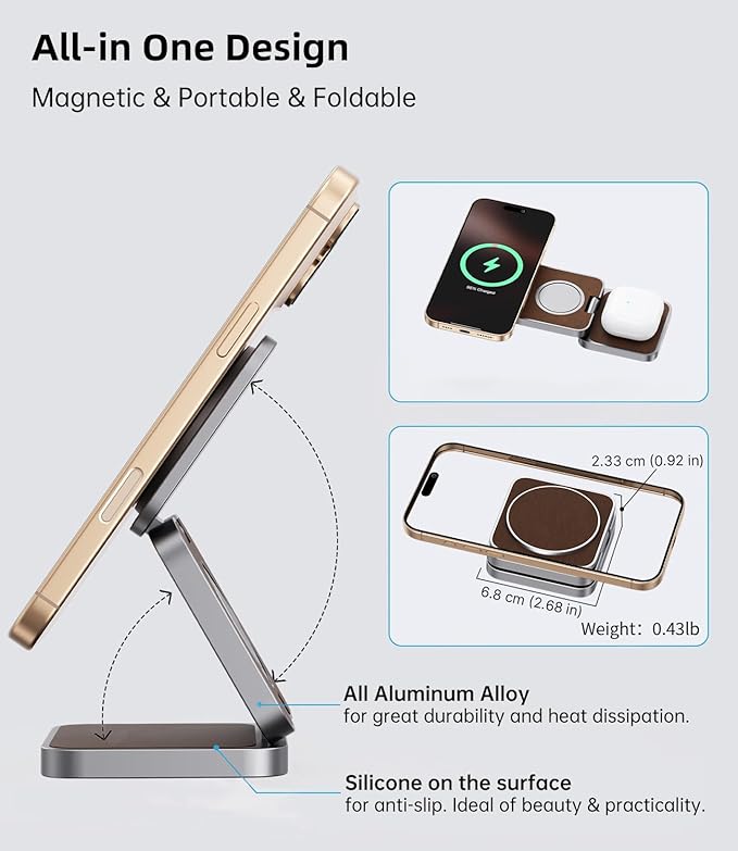 Foldable Magnetic Wireless Charger, KU XIU X40 Aluminum Alloy 3 in 1 Charging Station for Apple, Fast Charging Travel Charger for iPhone 16 15 14 13, 5W for Apple Watch Ultra, AirPods, Leather Texture