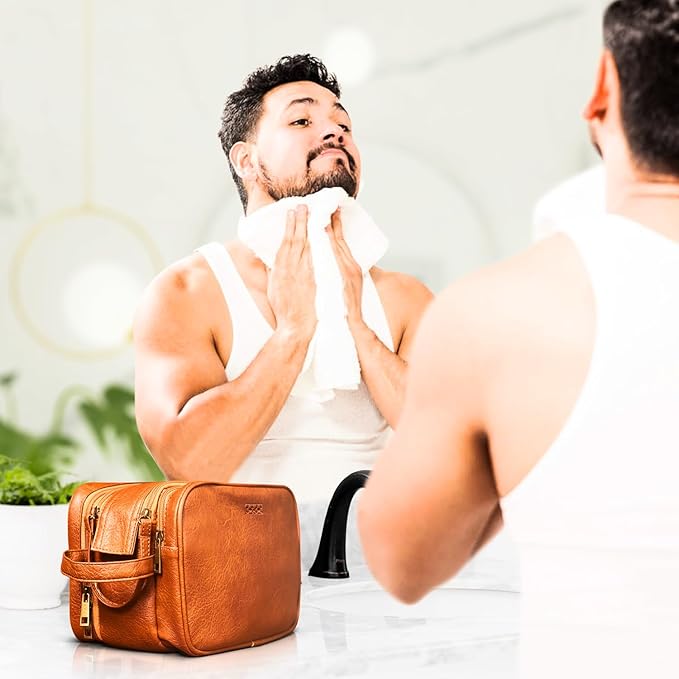 Dot&Dot Leather Toiletry Bag for Men Women - Spacious Womens Mens Toiletry Travel Bag, Large Travel Toiletries Bags (Rugged Brown, Large)