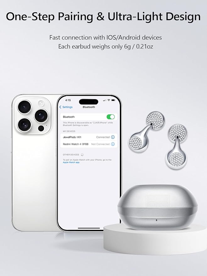 JewelPods H01 Wireless Earbuds, Pretty Bluetooth Headphones for Small Ears, Teardrop Design Metal Earbuds with Premium Sound, AI Clear Call & 72H Play, Unique Gift for Her, White Gold