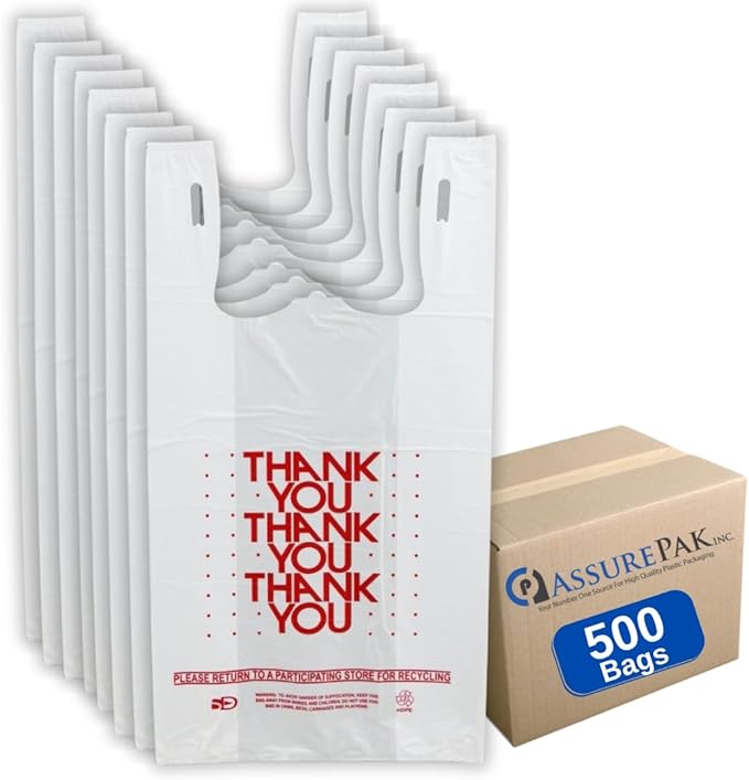 Easy Open - 1000 Bags - White 'Thank You' HDPE T-Shirt Bags - 1/6 BBL 11.5"X6"X21" - 13 Microns – for Retail, Takeout, Restaurant Supplies – AssurePak