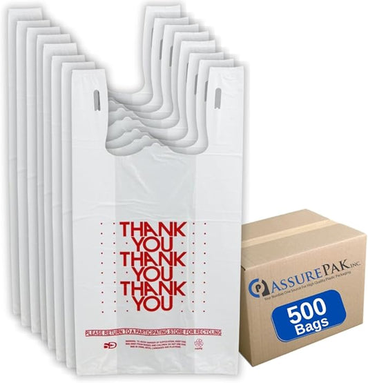 Easy Open - 1000 Bags - White 'Thank You' HDPE T-Shirt Bags - 1/6 BBL 11.5"X6"X21" - 13 Microns – for Retail, Takeout, Restaurant Supplies – AssurePak