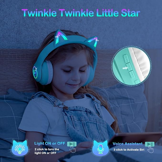 LOBKIN Bluetooth 5.4 Kids Headphones with Case - RGB LED Light Up Cat Ears Foldable Adjustable Over Ear Headphone Support Wireless or 3.5mm Wired Mode for Toddler & Girls & Boys Teens