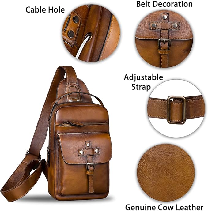 IVTG Genuine Leather Sling Bag Chest Shoulder Fanny Bag Hiking Backpack Vintage Handmade Crossbody Daypack