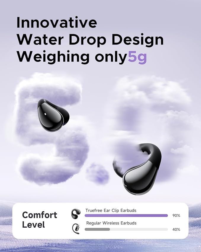 truefree B1 Open-Ear Wireless Earbuds, Bluetooth 5.4 Headphones with Spatial Audio, Ultra-Light Clip-On Fit, 25H Battery, Fast Charging, Multipoint Connection, App Customization, Workouts, Commute