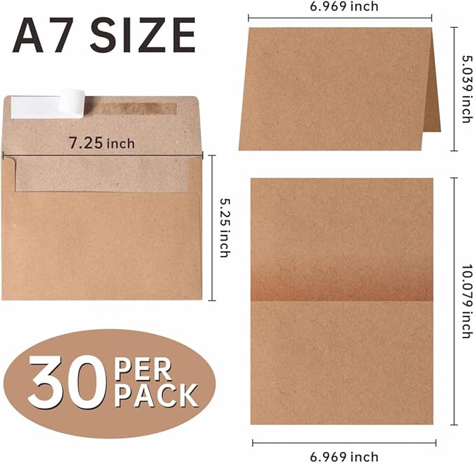 Blank Cards and Envelopes 5x7, 30 Pack Kraft Invitation Folded Cardstock with 30 Kraft Matching Self-Seal A7 Envelopes, Thank You Blank Greeting Cards, for DIY, Print Custom, Wedding & Birthday