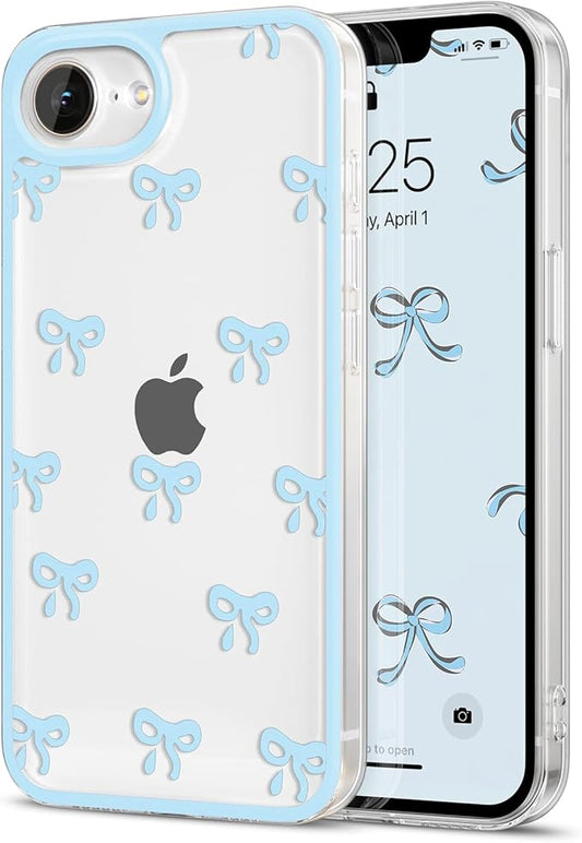 EYZUTAK Case for iPhone 16e, Clear Cute Ribbon Bowknot Pattern Aesthetic Transparent Phone Case Raised Camera Protection Stylish Slim Soft Durable TPU Protective Cover for Women Girls - Blue