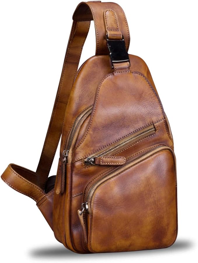 IVTG Genuine Leather Sling Bags for Men and Women Chest Shoulder Backpack Handmade Crossbody Motocycle Daypack